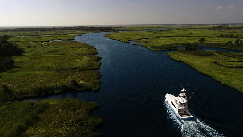 aerial view of viking yacht 58 convertible on the water