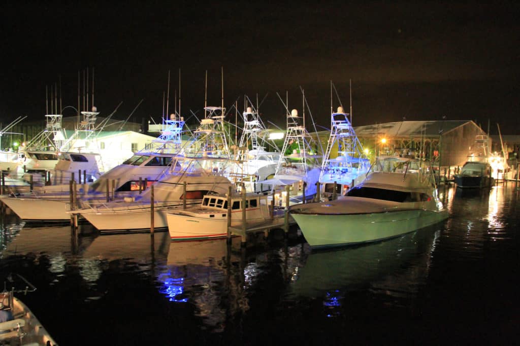 2016 Mobile Big Game Club Memorial Day Tournament participating fleet at night