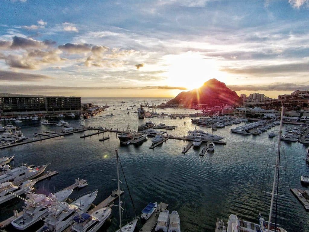 Aerial view of a Cabo San Lucas marina.