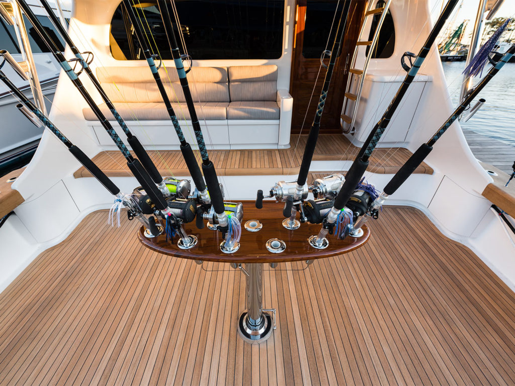 A spread of fishing reels in the cockpit of the Bayliss Boatworks 62 sport-fishing boat.