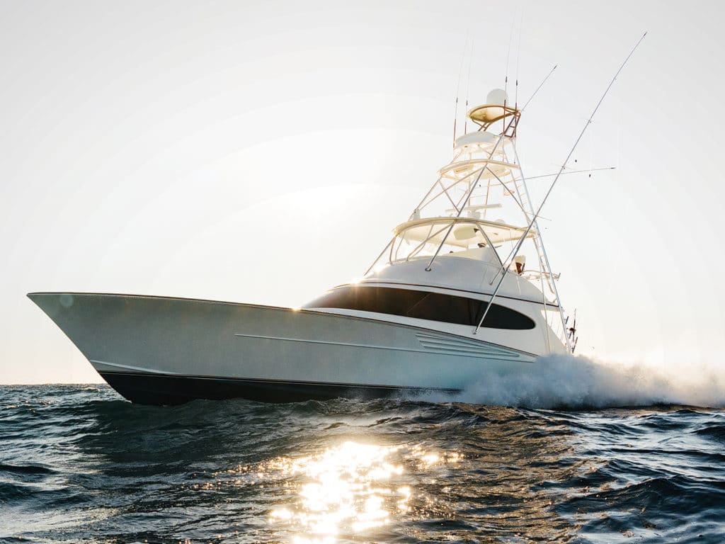 A Bayliss Boatworks 62 sport-fishing boat on the water.