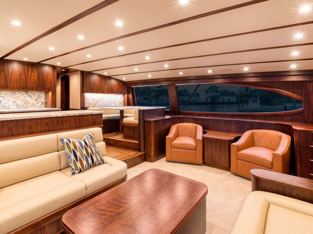 The interior salon of the Bayliss Boatworks 78, Blue View.