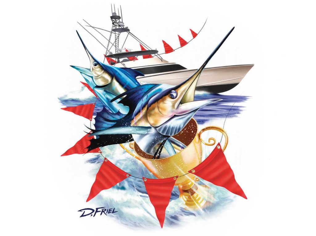 dennis friel illustration of a marlin and red flags