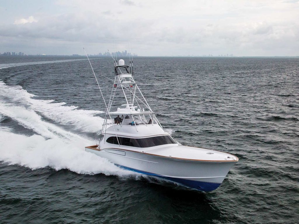 A Paul Mann custom yacht out on the water.