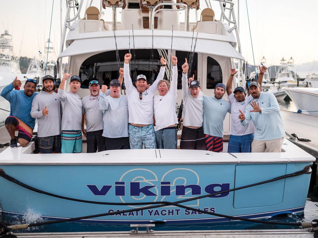 Sportfishing tournament team on the back of a Viking 62 Galati Yacht Sales.