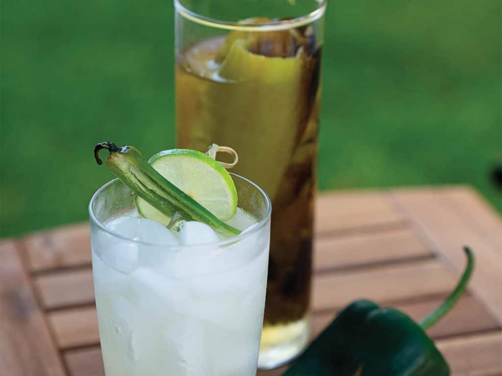 Two glasses of Tito's Handmade Vodka cocktails on an outdoor table.