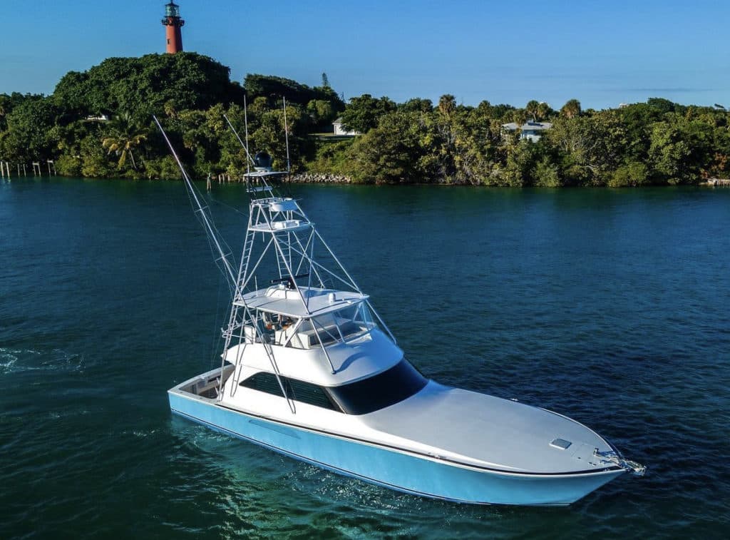 A sport-fishing boat on the water.