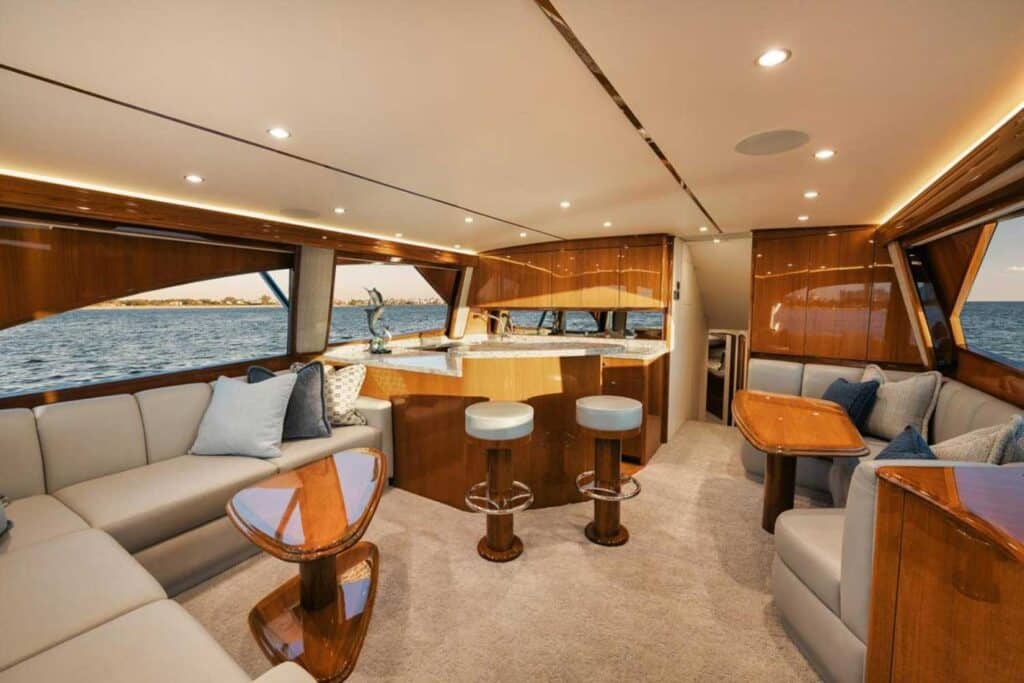 The interior salon of the Viking 54 sport-fishiing yacht.