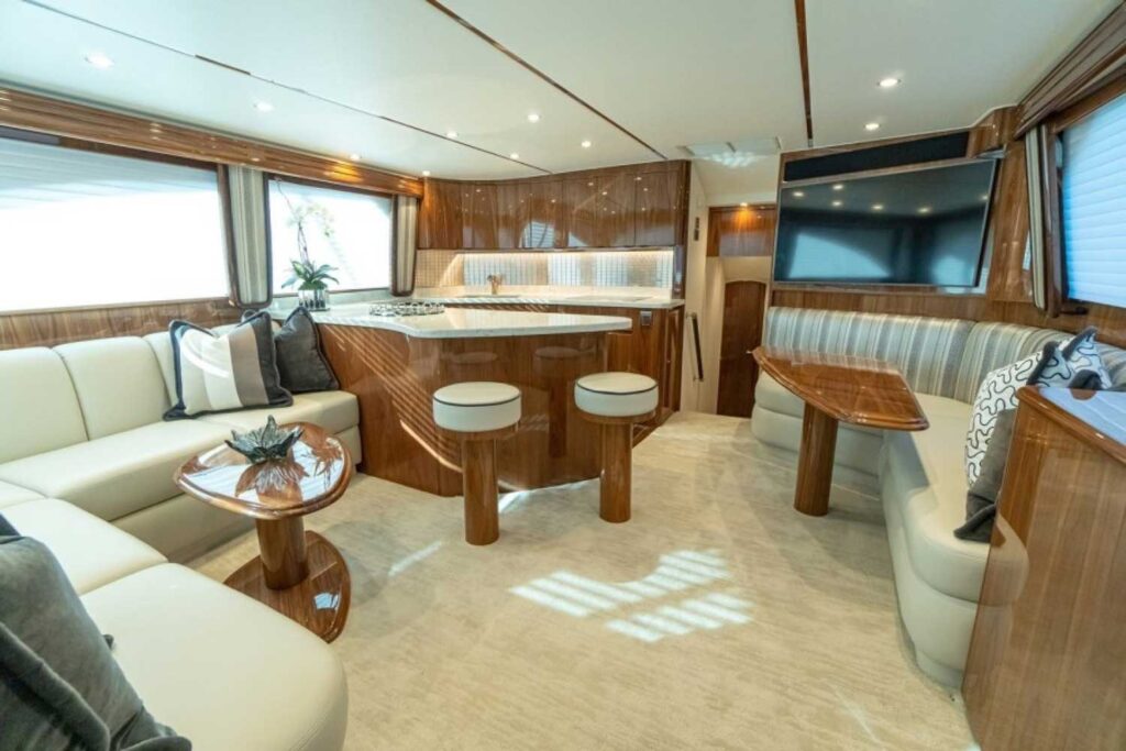 The interior salon of the Viking 54 sport-fishiing yacht.