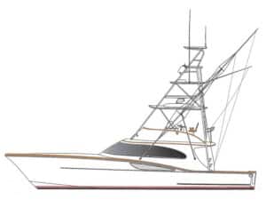 A digital rendering of a Garlington sport-fishing boat on a white background.