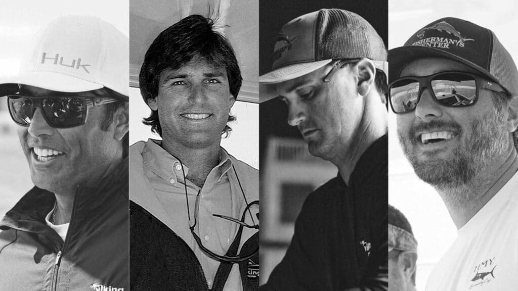 A black and white image collage of four sport-fishing anglers.