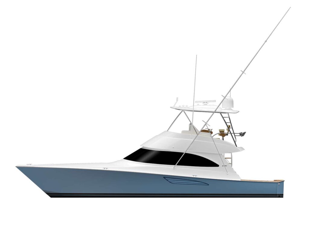 A digital rendering of a sport-fishing boat on a white background.