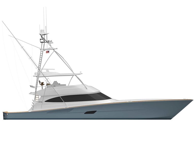 A digital rendering of a sport-fishing boat on a white background.