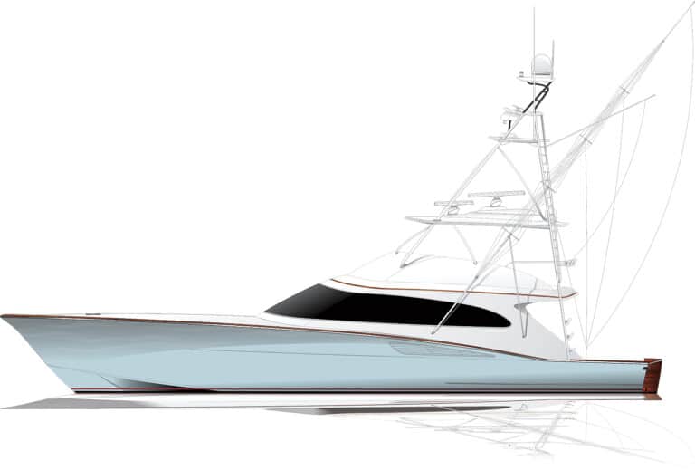 A digital rendering of a sport-fishing boat on a white background.