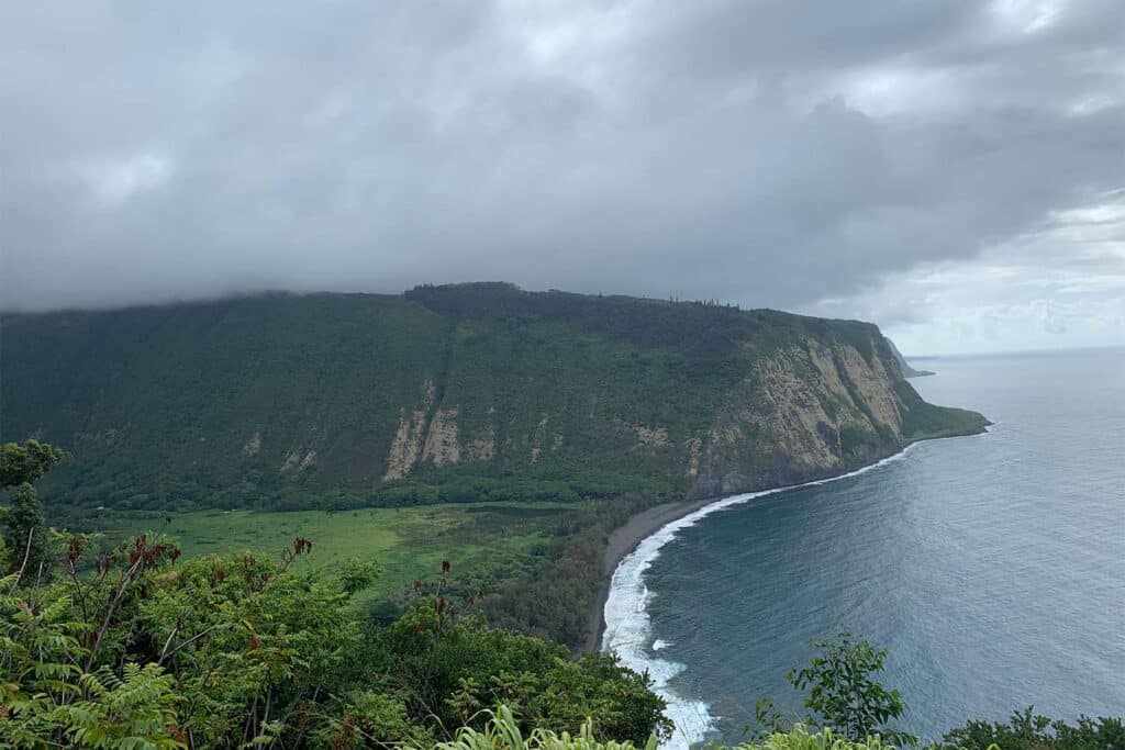 View of a foggy, cloudy day overlooking a lush, tropical landscape of a hillside and shoreline.