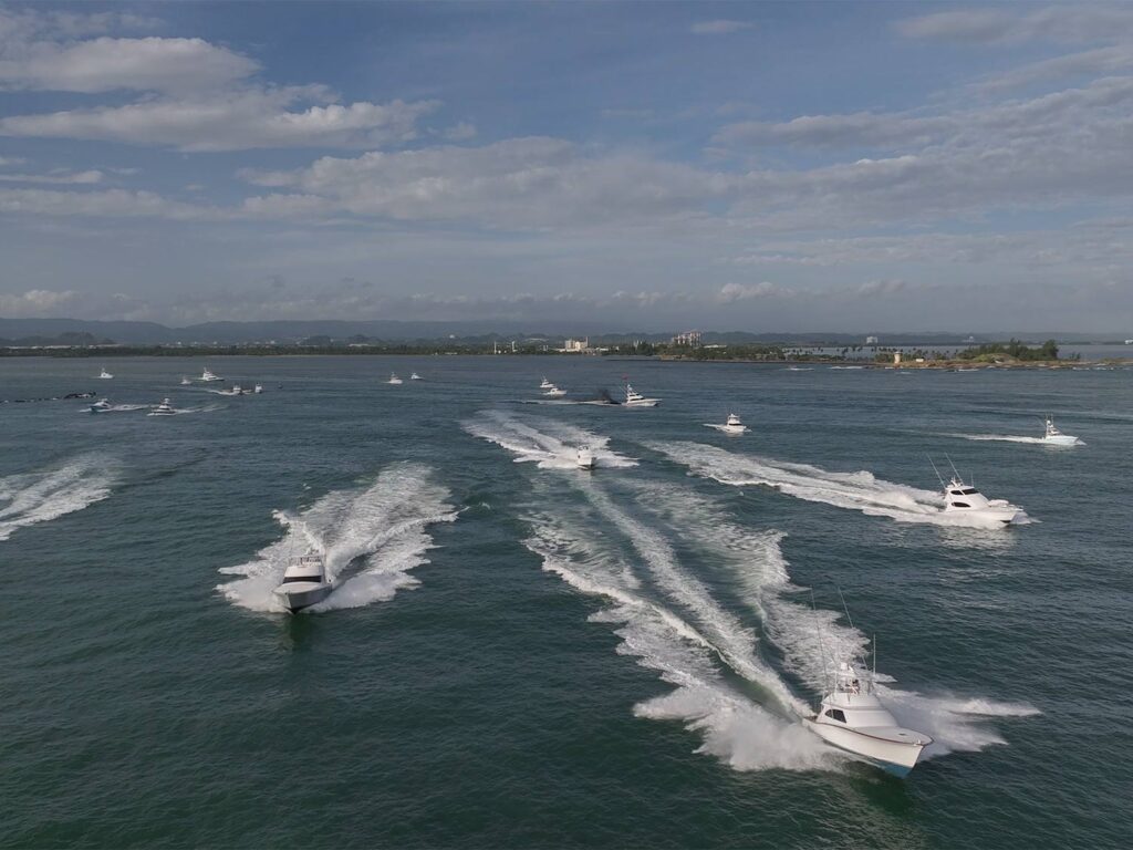 A fleet of sport-fishing boats making their away across the water.