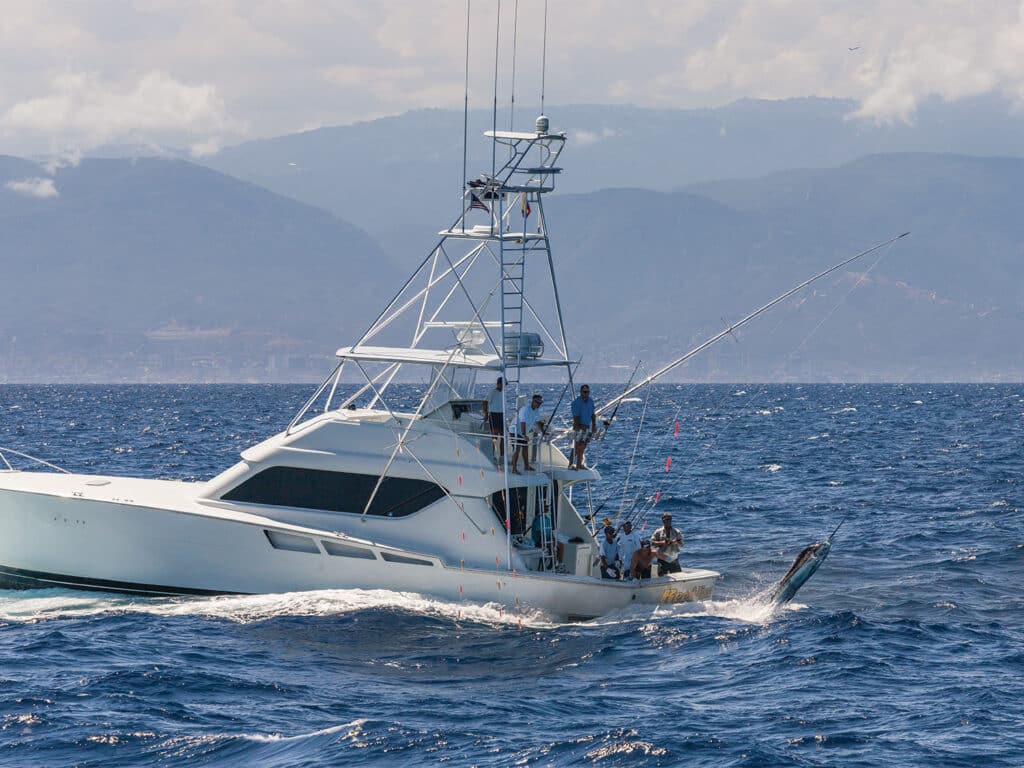 A sport-fishing boat on the water. The mountains of Venezuela can be seen on the horizon.