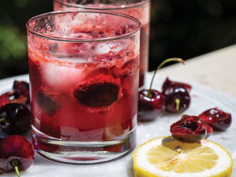 A cocktail glass of tart bourbon-cherry soda.