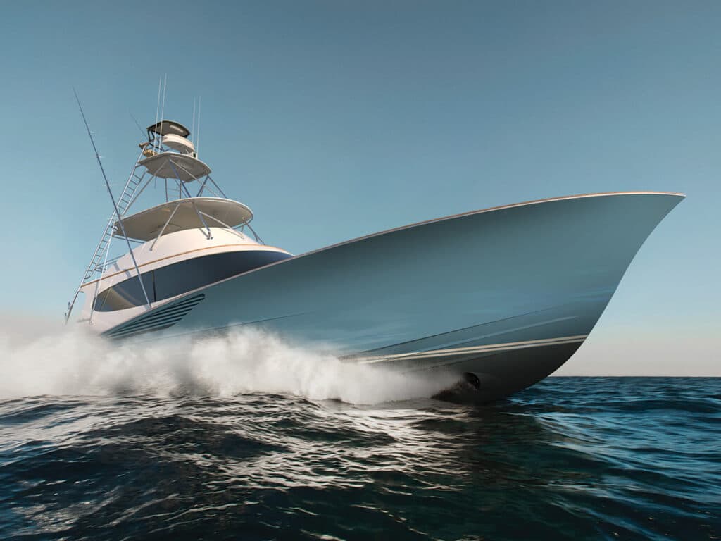 A sport-fishing boat cruising across the open water.