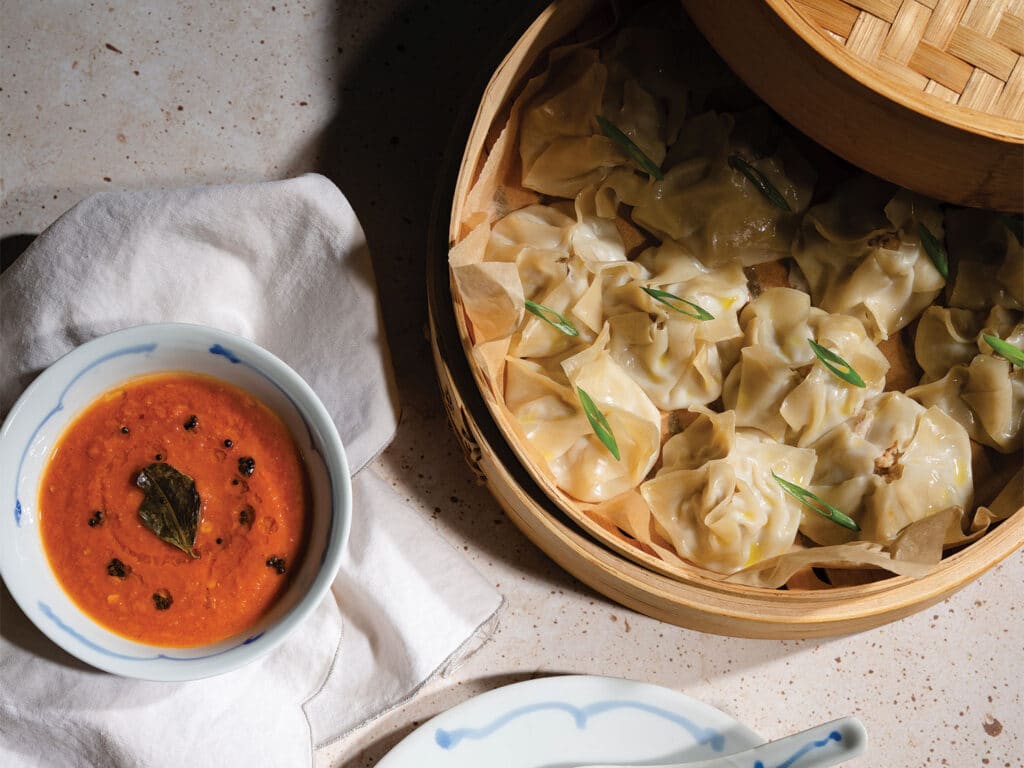 Momo Pork and Shrimp Dumplings With Tomato Chutney