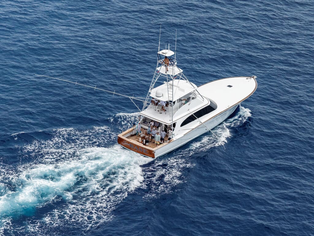 Aerial view of a sport-fishing boat on the water.