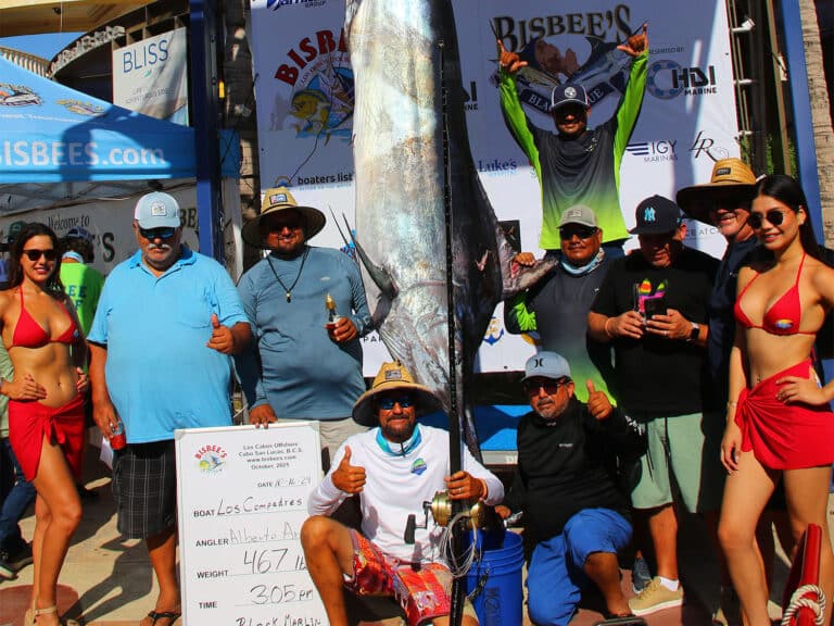 A sport-fishing team standing next to a large marlin.