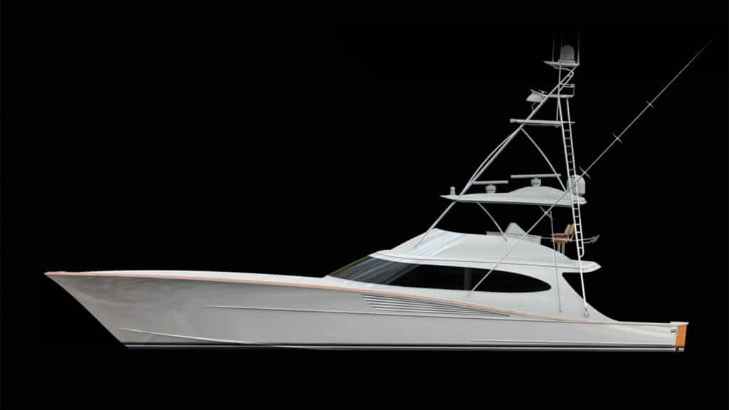 A digital rendering of a sport-fishing boat.