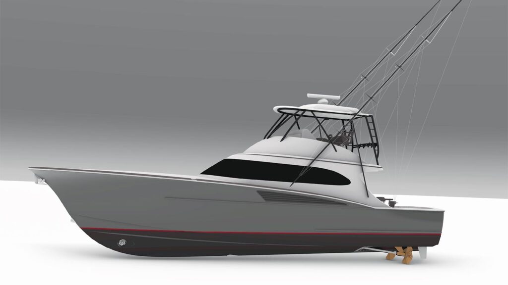 A digital rendering of a sport-fishing boat.