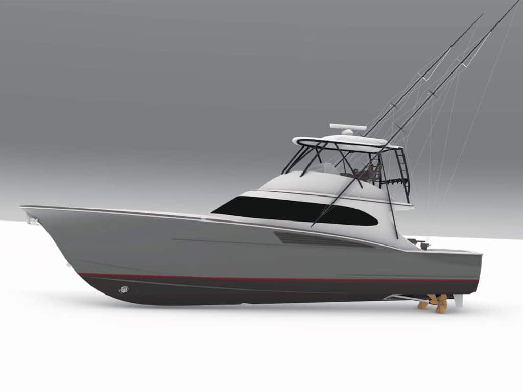 A digital rendering of a sport-fishing boat.