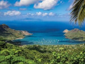 Aerial view of the Marquesas Islands. Lush tropical greenery coats the islands.