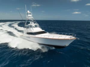 The Merritt 77 sport-fishing boat on the water.