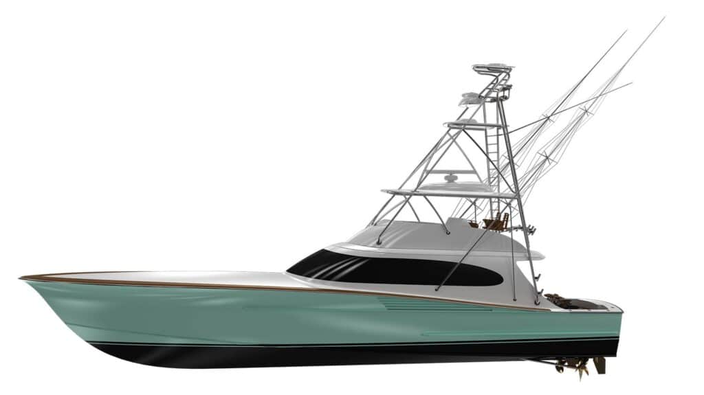 A digital rendering of a sport-fishing boat.