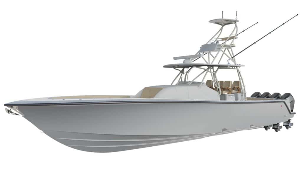 A digital rendering of a sport-fishing boat.