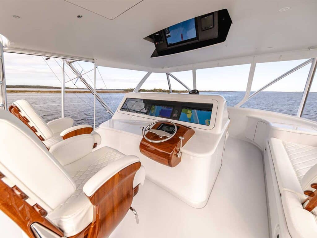 The bridge and helm of a Bayliss Boatworks sport-fishing boat.