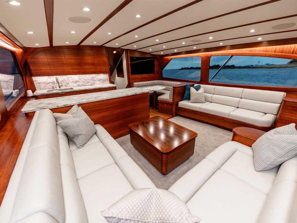 The interior salon of a Bayliss Boatworks sport-fishing boat.