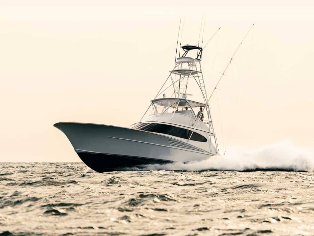 A Bayliss Boatworks sport-fishing boat on the water.