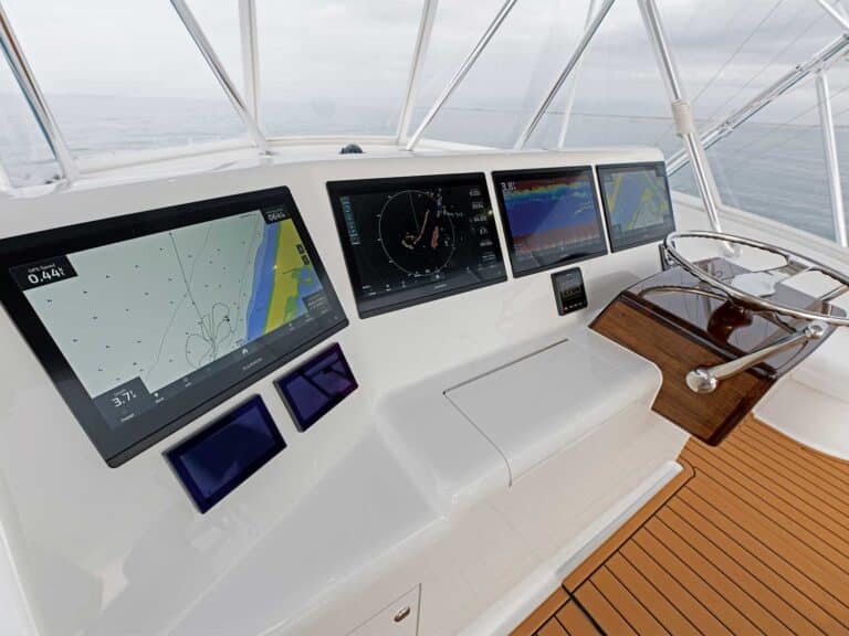 View of a sport-fishing boat helm with an omnidirectional sonar display installed.