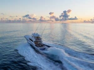 A sport-fishing boat cruises into the horizon.