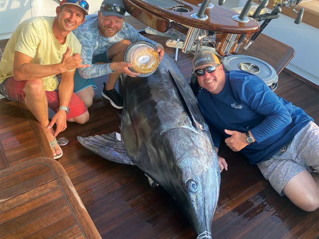 A small fishing team poses next to a blue marlin while holding a rum cake.