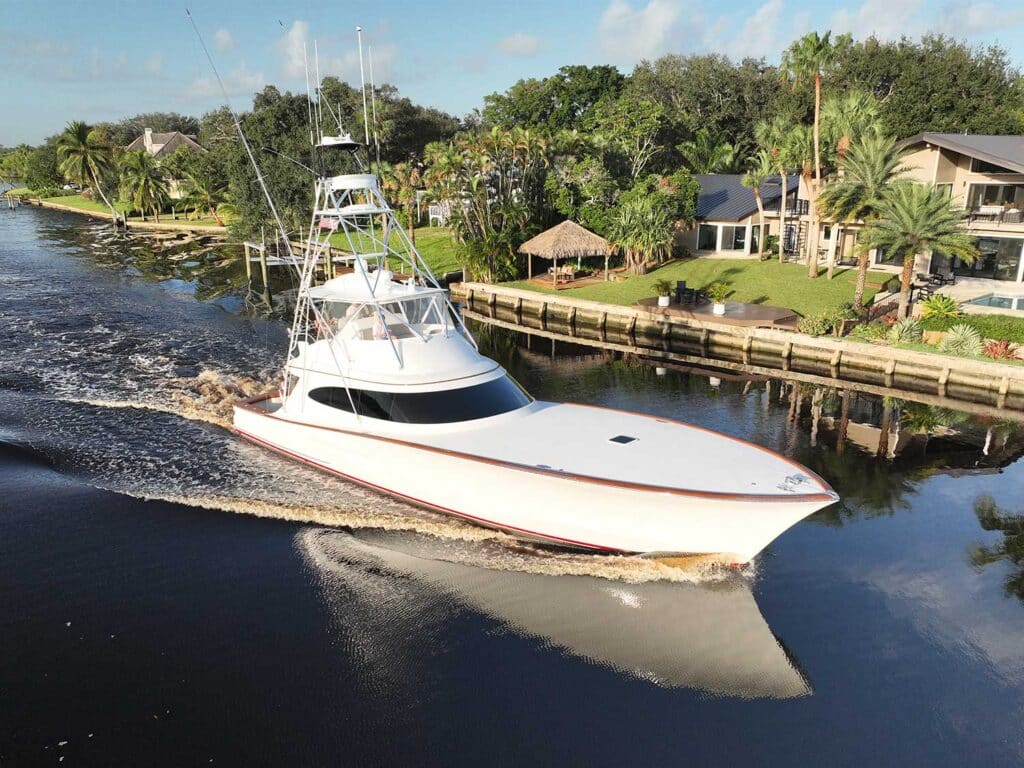 A sport-fishing boat cruising across the water.