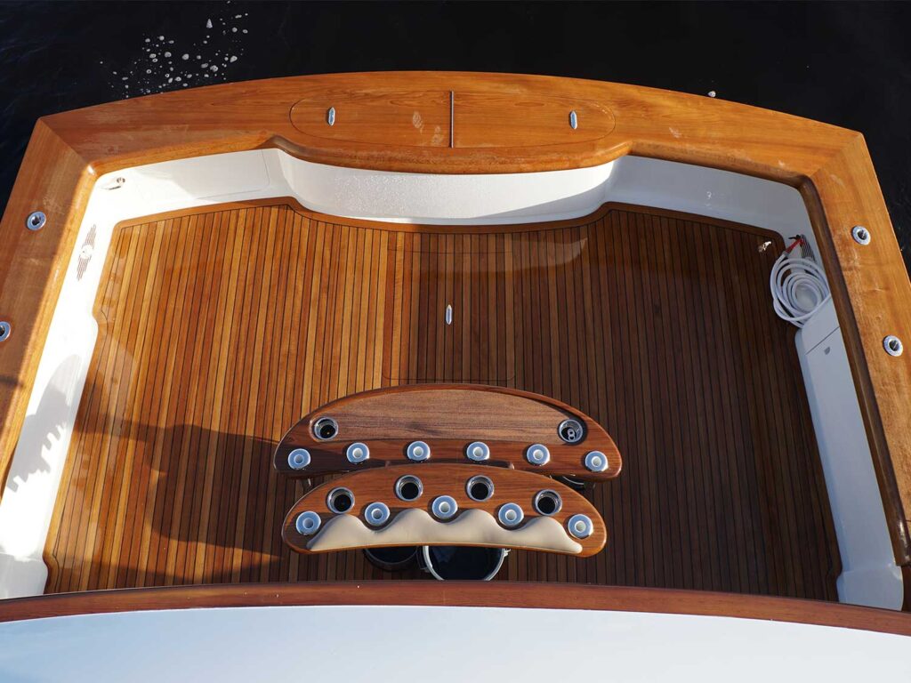 Top-down view of the cockpit of a sport-fishing boat.