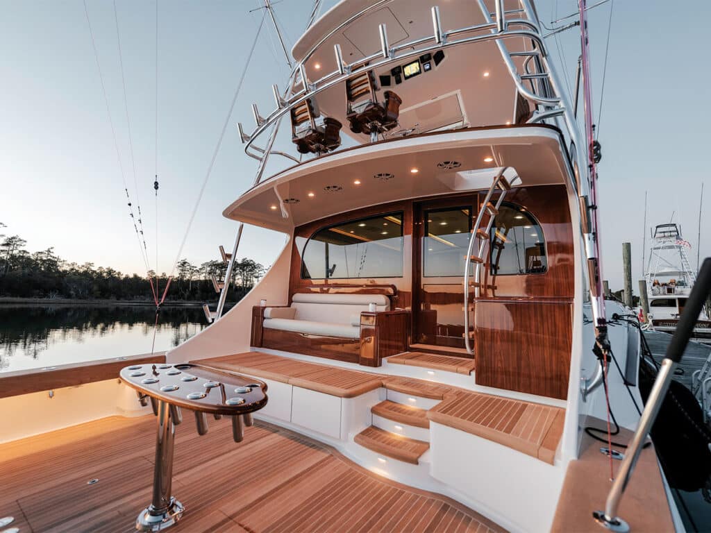 View of the cockpit and mezzanine of a Jarrett Bay sport-fishing boat.