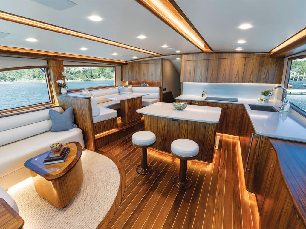 A Jarrett Bay sport-fishing boat interior galley and salon.